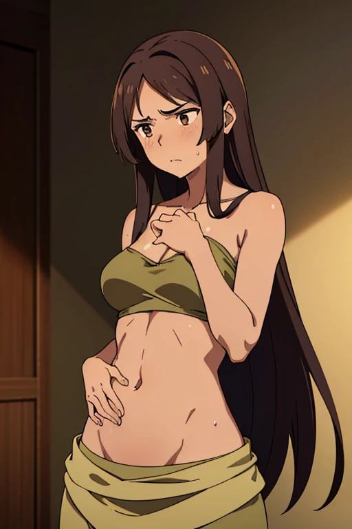 ((best quality)), ((masterpiece)), (detailed), perfect face, brown skin anime woman in a deep V Neck top, (bare shoulders), (long skirt), famished in hunger, (gently resting hands on stomach), (long hair), (hands on her stomach), (slim and fit woman), (embarrassed expression), (sweaty)