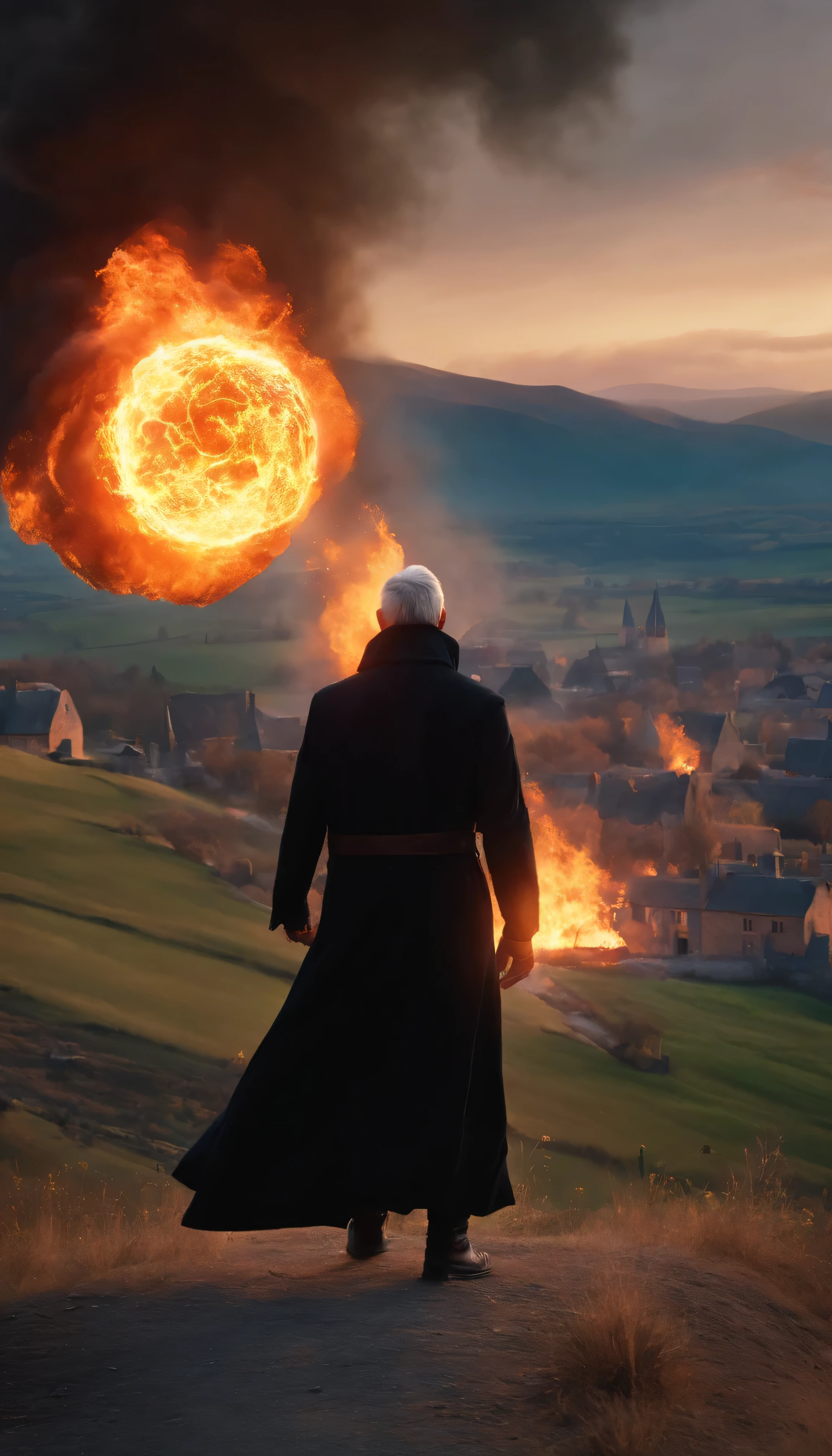 8k, close distance portrait, a male wizard with black clothes and grey short hair from behind, throwing a super massive huge fireball to a village in the distance from hill, with a burning village background the distance