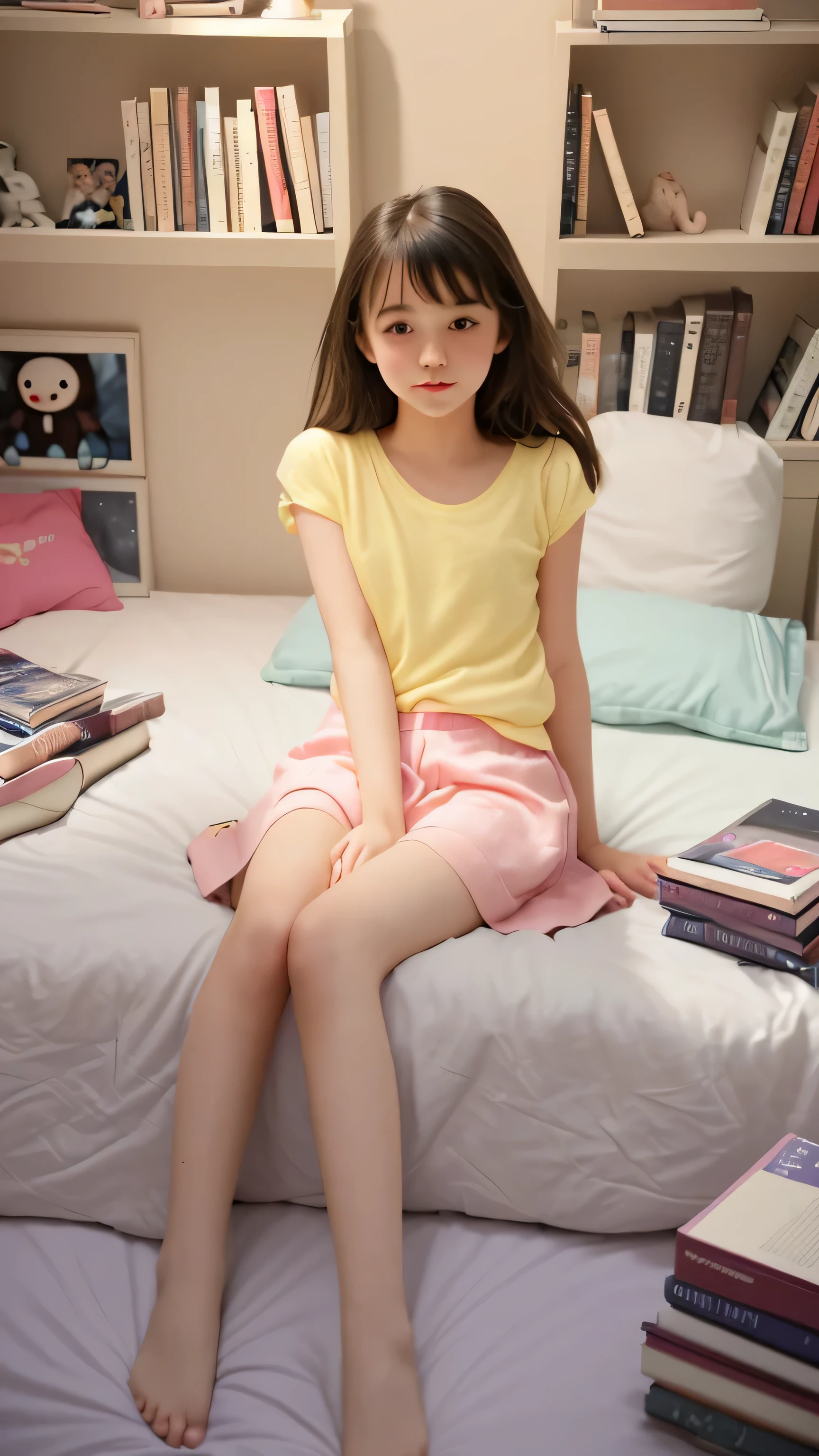 girl laying on bed with books and bookshelves in background,, cute girl, young girl, visual of a cute girl, sitting on a bed, girl, beautiful girl, an girl, sitting on the bed, sitting on her bed, pixiv, top rated on pixiv, digital art on pixiv