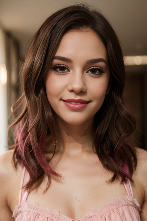 a woman, 25ear old, long brunette hairs, textured skin, romantic smile, brunette and pink hairs, barbie doll dress, pink make up