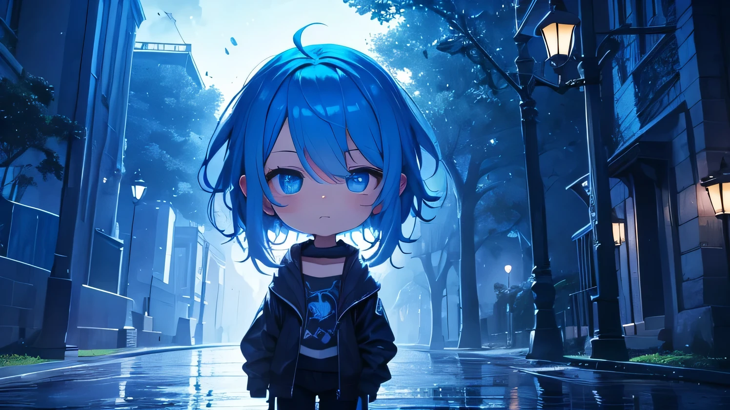 Night time setting, Half dream world, half reality world, A blue hair wanderer with sad face in the middle of reality and dream world.