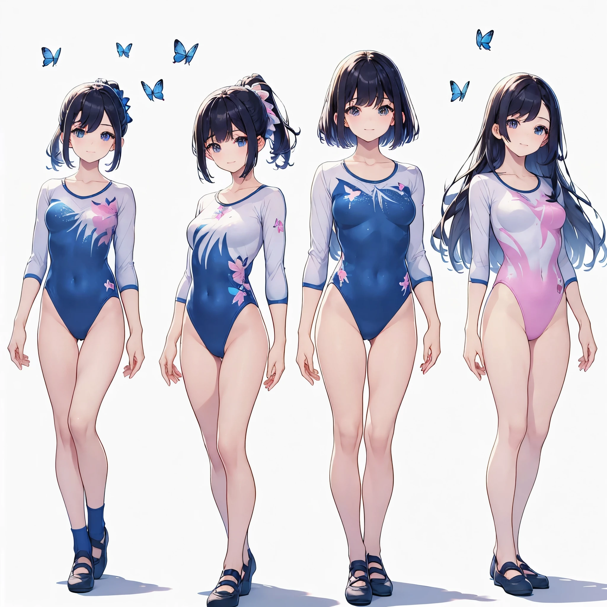 ((full body)),(masterpiece, best quality), (2 girls1.5) ,((Contrapposto:1.5)), looking at viewer, walking,((v_arms:1.2)),(Gymnastics club), (wearing gymnastics_longsleeves_leotard_outfit leotard:1.3),(simple leotard:1.3),(blue and pink leotard:1.3) ,((Butterfly print leotard:1.2)), ballet shoes, , BREAK masterpiece black hair, ((long hair:1.2)), ((parted bangs:1.3)), black eyes, good hand, ((small breasts)), (over 20 years old, under 25 years old:1.2), , spotlight, happy, smile, BREAK white backgro
