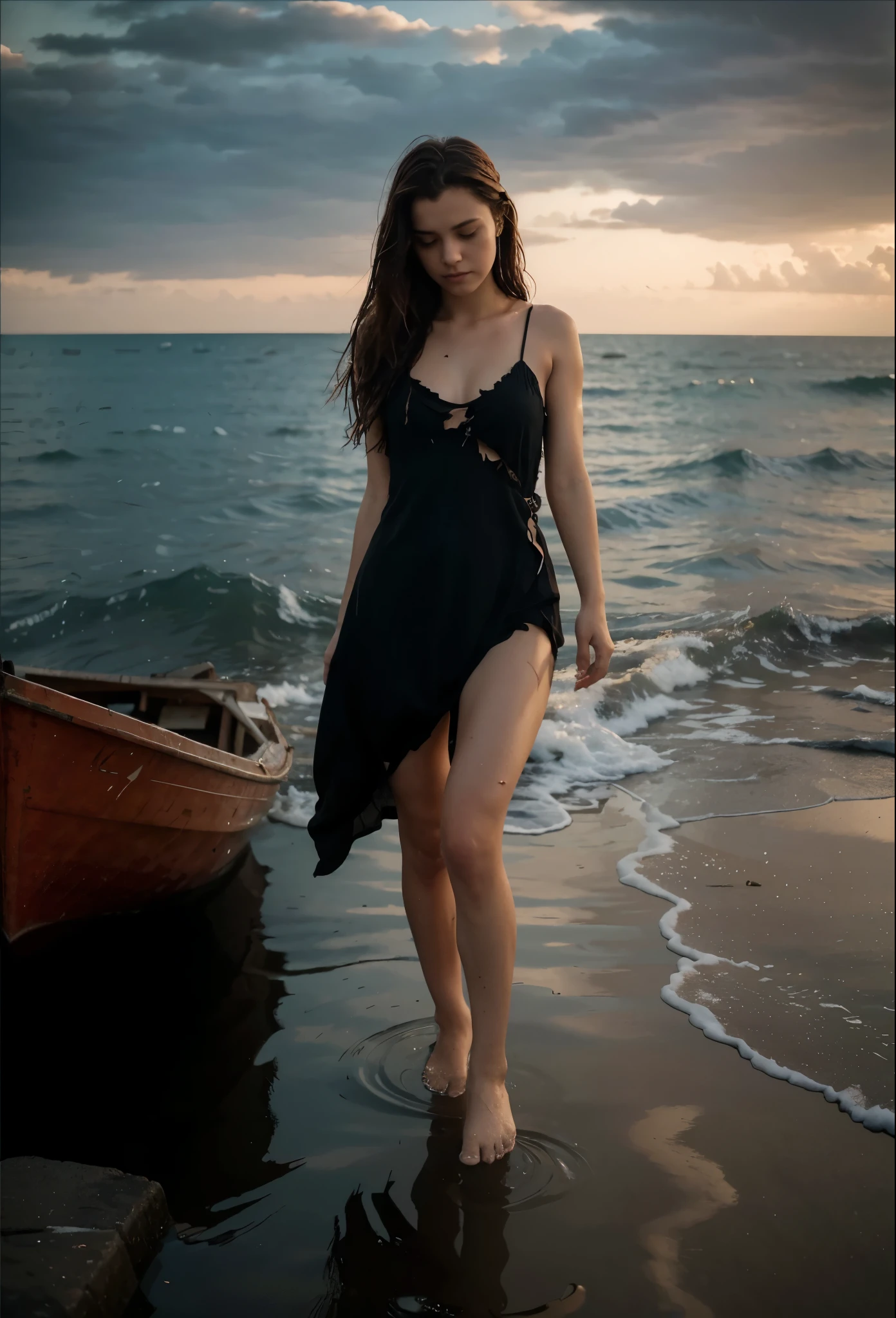 reference sheet: 1.8, great details, high quality, masterful work, a beautiful girl walks along the surface of the water at dusk, gloomy atmosphere, wet dress, gloomy background, River, stones, Dry trees, girl in a wet dress, barefoot, оголённые legs, got lost, girl in search, in a torn dress, torn clothes, torn fabric, pieces of cloth, came ashore after a shipwreck, shipwrecks float in the distance, wounds and abrasions on the body, идет и limps, in search of accommodation and food, a seriously wounded girl in scraps of dress and torn fabric, holds the wet hem of her dress with one hand, wounded body, seriously wounded girl can barely walk, blood из раны, blood, Twilight, sunny goes beyond the horizon, it's getting dark , limps, low horizon, anatomy, legs, правильная anatomy ног, legs в воде, правильная anatomy, hands, Hands, анатомичные hands, fingers, правильные hands