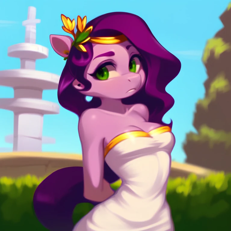 (score_9), (source_pony), (solo), (pegasus), ((anthro pipp petals :1.1)), (strapless tight dress, sexy, nervous , long hair, anatomically correct, night garden, standing near fountain, medium breasts, half body, solo, light purple fur, green eyes, arms behind back, hour glass figure, curvy, young,