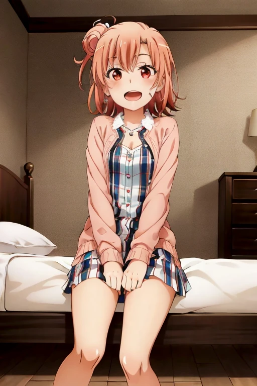 ((highest quality)), ((masterpiece)), (be familiar with), Perfect Face, indoor, Bedroom, Watching the audience,
One woman, Yuigahama Yui,
Open Mouth, Ecstatic expression, blush, smile,
Small breasts, Flat Chest, Young Girl, , , Girl,
Short Hair, Salmon-colored hair, Salmon-colored eyes, Side Pony,
Leg spread,