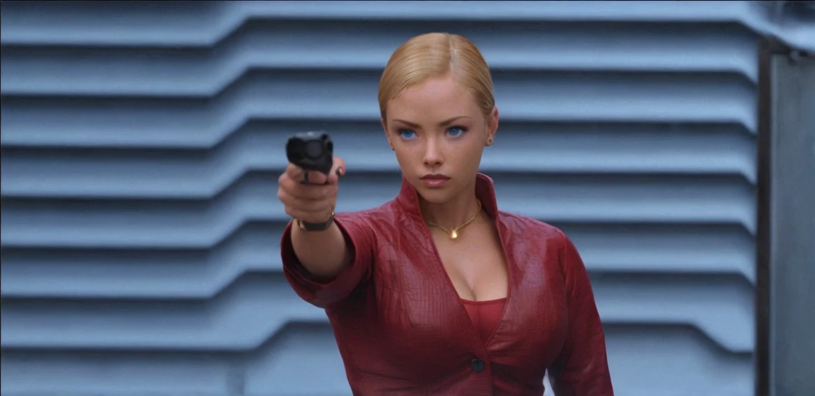 T3RMKL0K, blue eyed, cleavage, red outfit