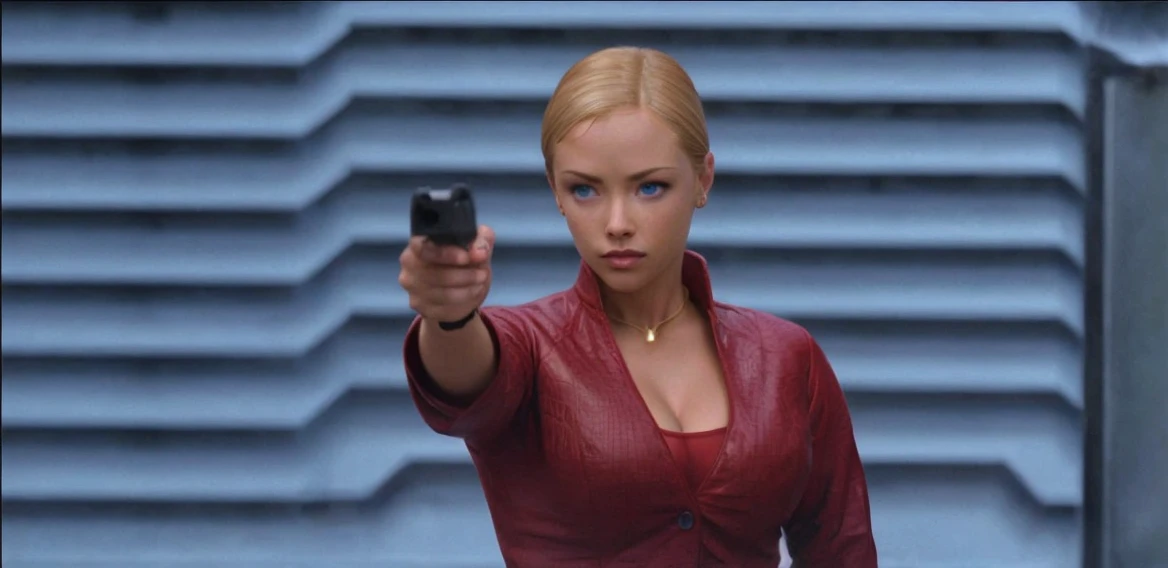 T3RMKL0K, blue eyed, cleavage, red outfit