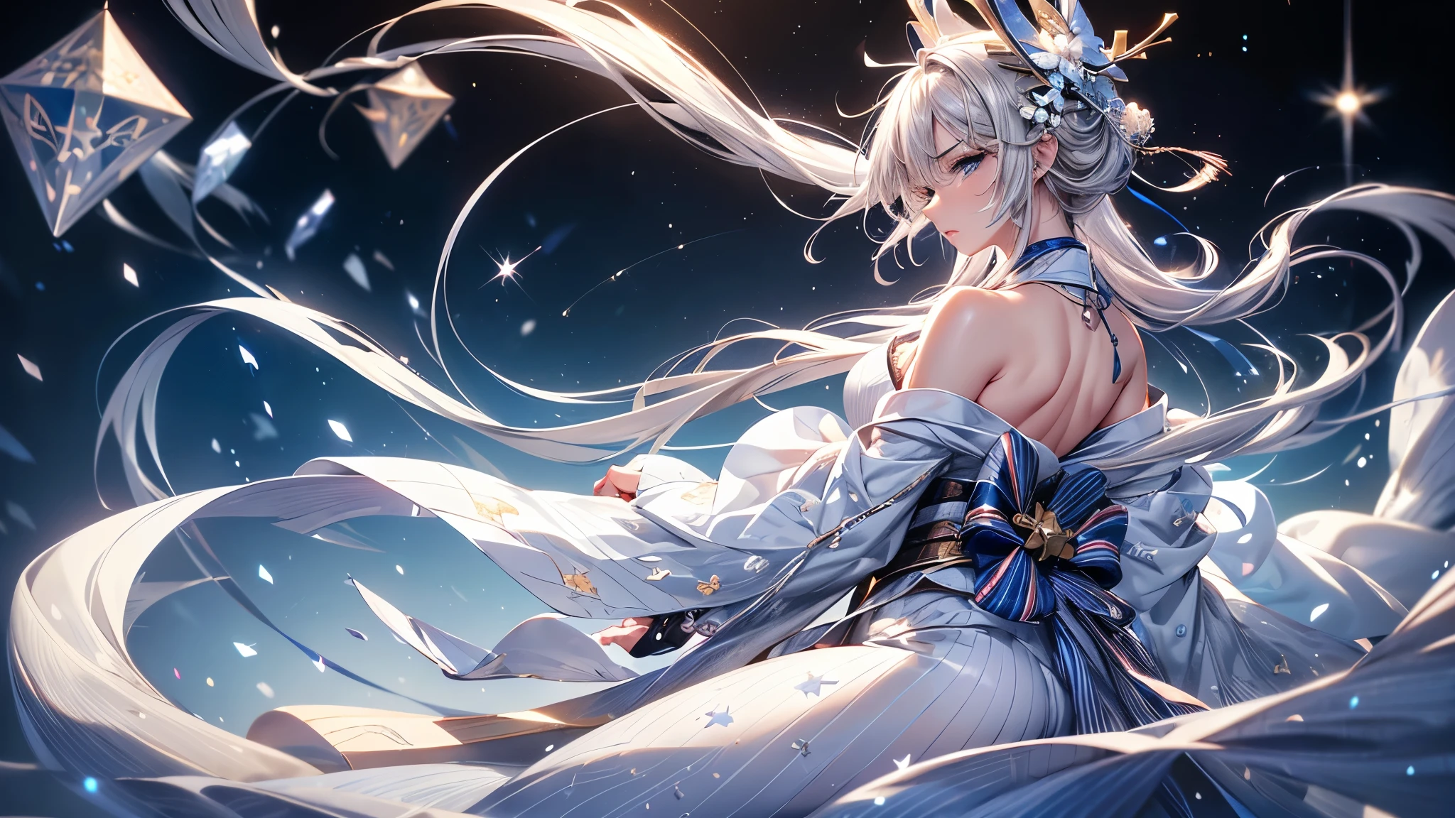 (Ultra-delicate), (Be focused), (high resolution), (((Silver hair with gradient stripes and light blue tail))), Cute beauty face, , ((Clear light blue eyes)), thin eyebrows, long upper eyelashes, Double eyelids, Upper Eye, (super detailed eyes), Sexy lips, lip details, White skin, Delicate skin, Deformed depth of field blurred background, (Detailed background), Perfect layer cut, (full-body shot/Cowboy shooting/side view), wallpaper, Shimmer, complicated, familiar, Onmyoji, particle, constellation, Stardust, universe, Pentagram, ((Talisman)), Comfort and tranquility, peaceful, Japan, Black, White Kimono, With crystal, Fortune Telling, time and space, incantations, 8k