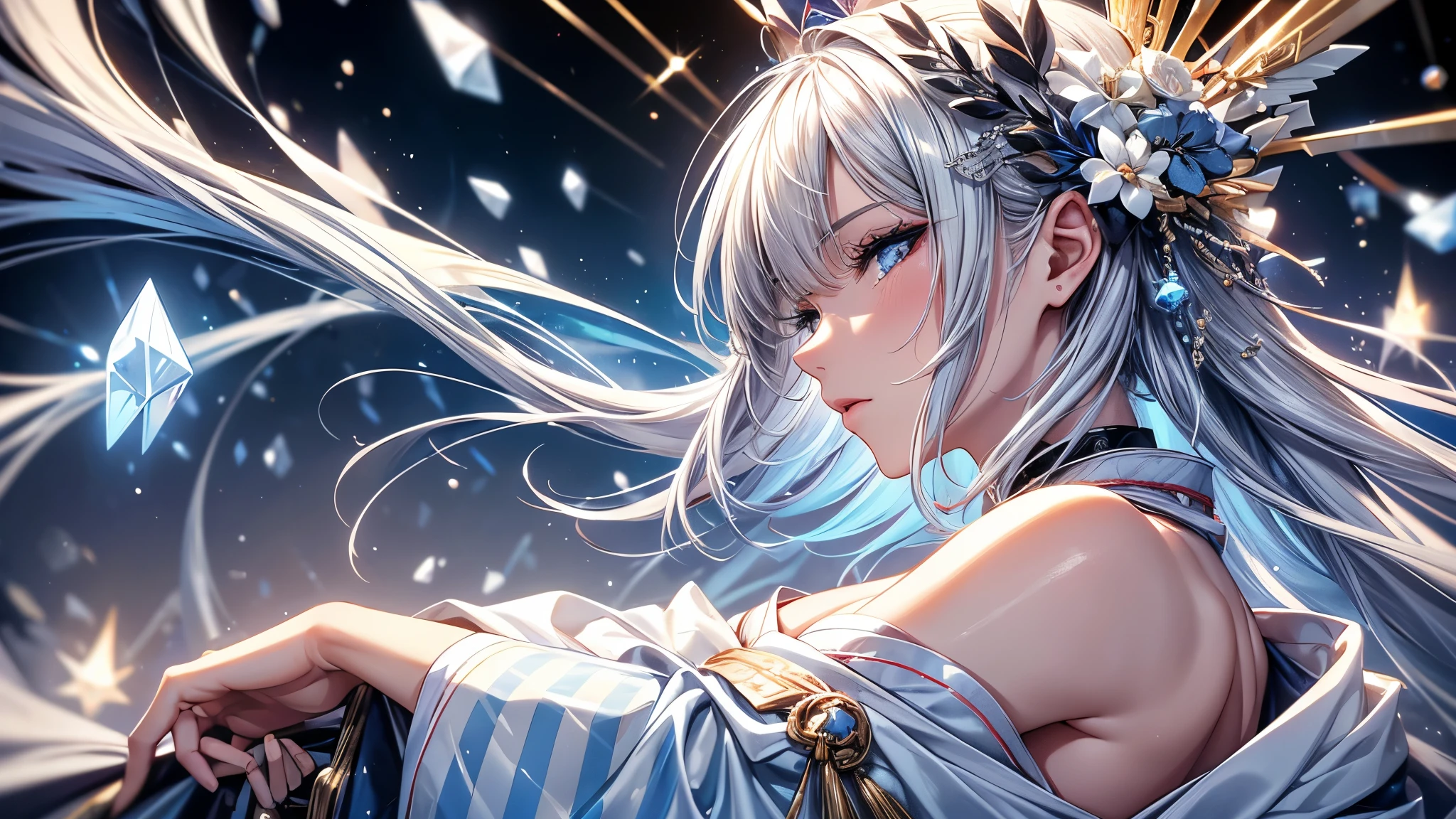 (Ultra-delicate), (Be focused), (high resolution), (((Silver hair with gradient stripes and light blue tail))), Cute beauty face, Ultra-fine facial texture, ((Clear light blue eyes)), thin eyebrows, long upper eyelashes, Double eyelids, Upper Eye, (super detailed eyes), Sexy lips, High lip detail, White skin, Delicate skin, Deformed depth of field blurred background, (((Detailed background))), Perfect layer cut, (full-body shot/Cowboy shooting/side view), wallpaper, Shimmer, complicated, familiar, Onmyoji, particle, constellation, Stardust, universe, Pentagram, ((Talisman)), Comfort and tranquility, peaceful, Japan, Black, White Kimono, With crystal, Fortune Telling, time and space, incantations, artistic, 8k