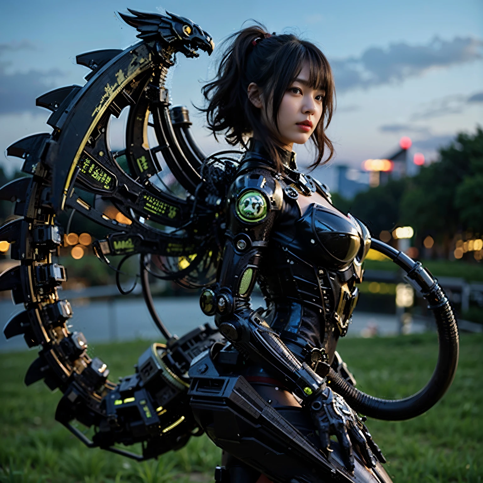 Masterpiece, (ultimate quality:1.2), 8k, Japanese woman in scorpion-type powered suit, silver base with green and red accents, very beautiful face, mechanical, (mechanical bat wings), hydraulic cylinder, power pipe, ultimately intricate details, full body shot, (ultimate photo Realistic:1.37), Park with a beautiful view at night, (Steampunk: 1.2), (Cyberpunk), Full body photo, Wide-angle shot, Please generate at least 4 photos.