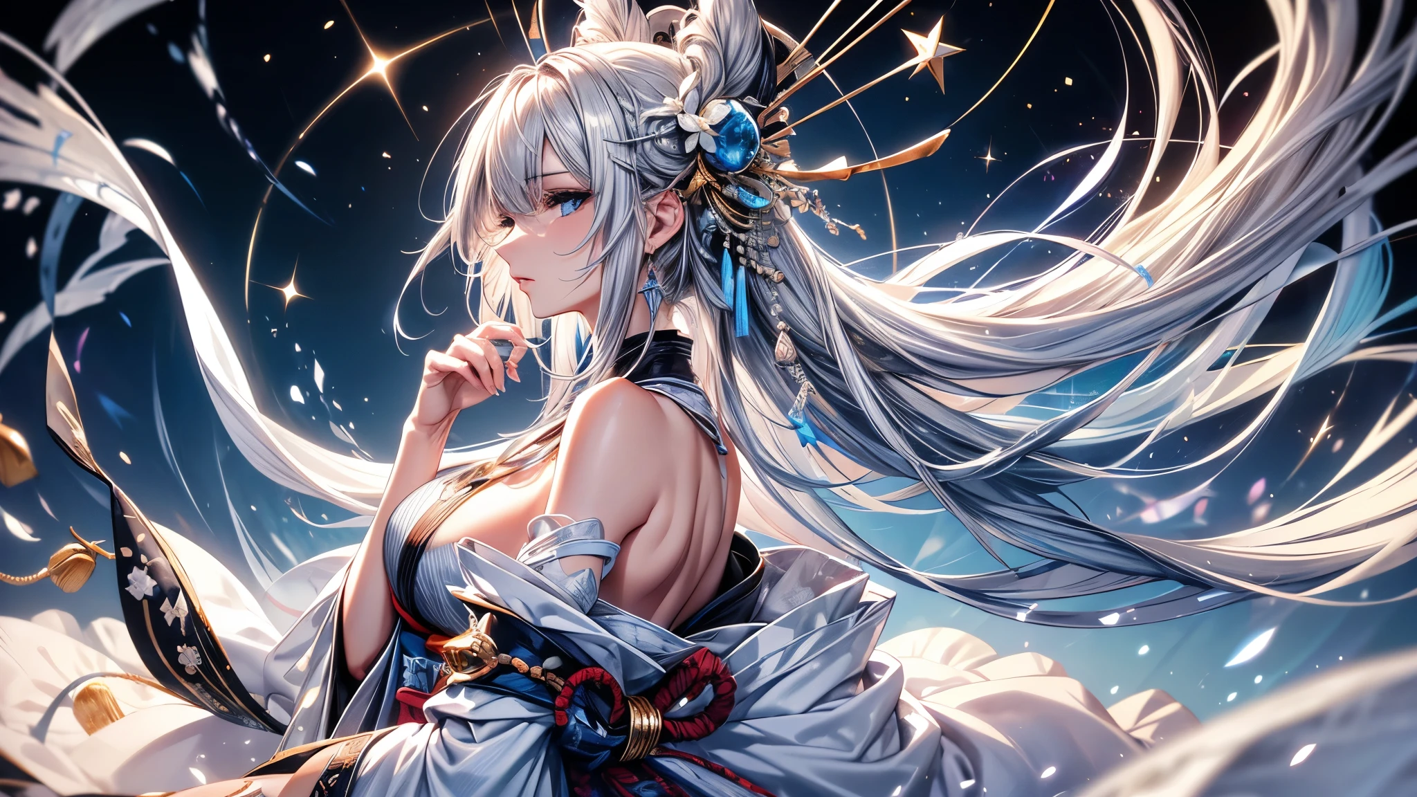 (Ultra-delicate), (Be focused), (high resolution), (((Silver hair with gradient stripes and light blue tail))), Cute beauty face, Ultra-fine facial texture, ((Clear light blue eyes)), thin eyebrows, long upper eyelashes, Double eyelids, Upper Eye, (super detailed eyes), Sexy lips, High lip detail, White skin, Delicate skin, Deformed depth of field blurred background, (((Detailed background))), Perfect layer cut, (full-body shot/Cowboy shooting/side view), wallpaper, Shimmer, complicated, familiar, Onmyoji, particle, constellation, Stardust, universe, Pentagram, ((Talisman)), Comfort and tranquility, peaceful, Japan, Black, White Kimono, With crystal, Fortune Telling, time and space, incantations, artistic, 8k