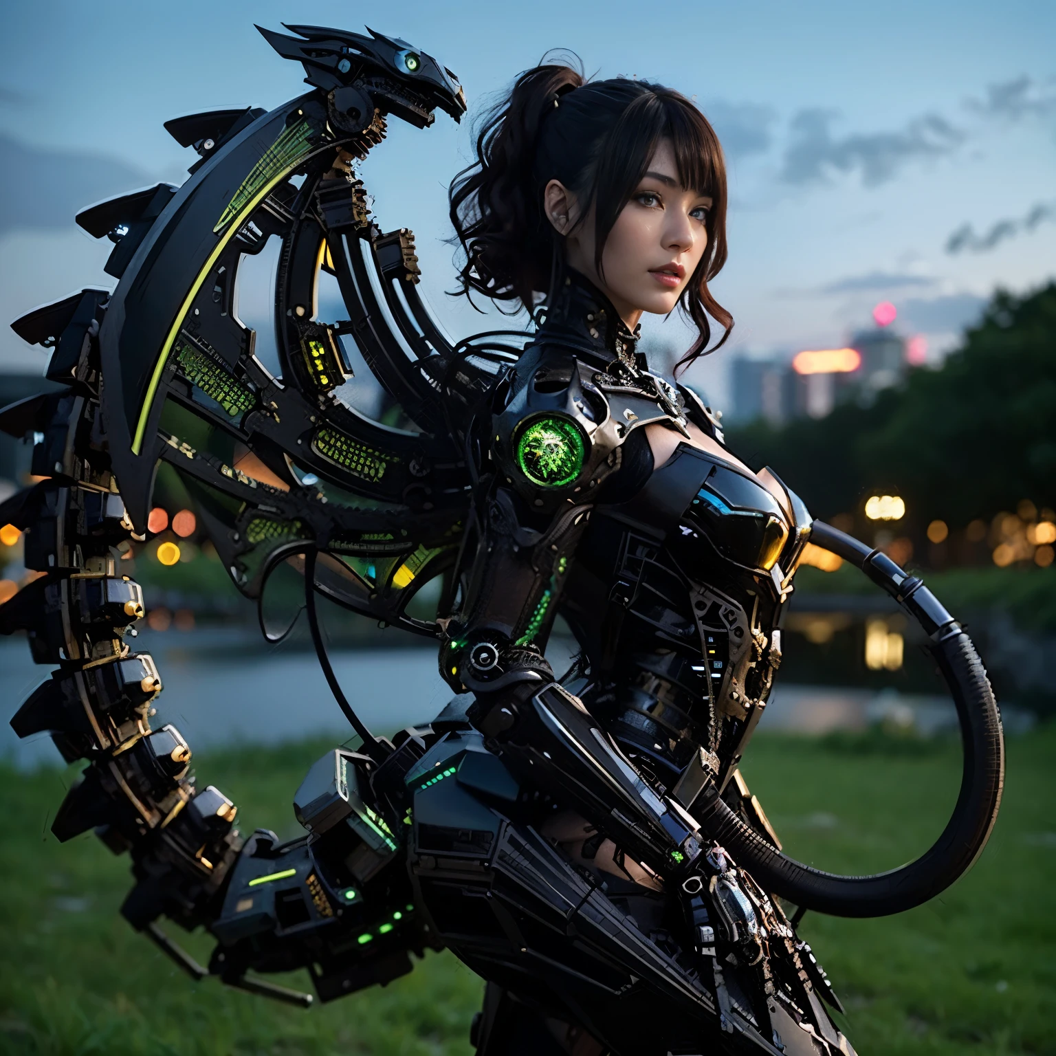(top-quality:1.2, masterpiece)、ultra high resolution、extremely ultra surrealism, (Photorealsitic:1.4)、Raw photo、(Steampunk Battle Cyborg fallen angel)、large wings made of metal、black porcelain body、red hair、glowy skin、1 Cyborg girl、(mechanical frame:1.3)japanese, extremely cute face, ((super realistic details))、portrait、globalillumination、Shadow、octan render、8K、ultrasharp、character edge light、Details of complex ornaments、Acrylic Clear Cover、Sumerian details、Hydraulic cylinder、Small LED lamp、highly intricate detail、Realistic light、a purple eye、radiant eyes、Facing the camera、neon details、cowboy shot、Futuristic headgear、About Cyberpunk