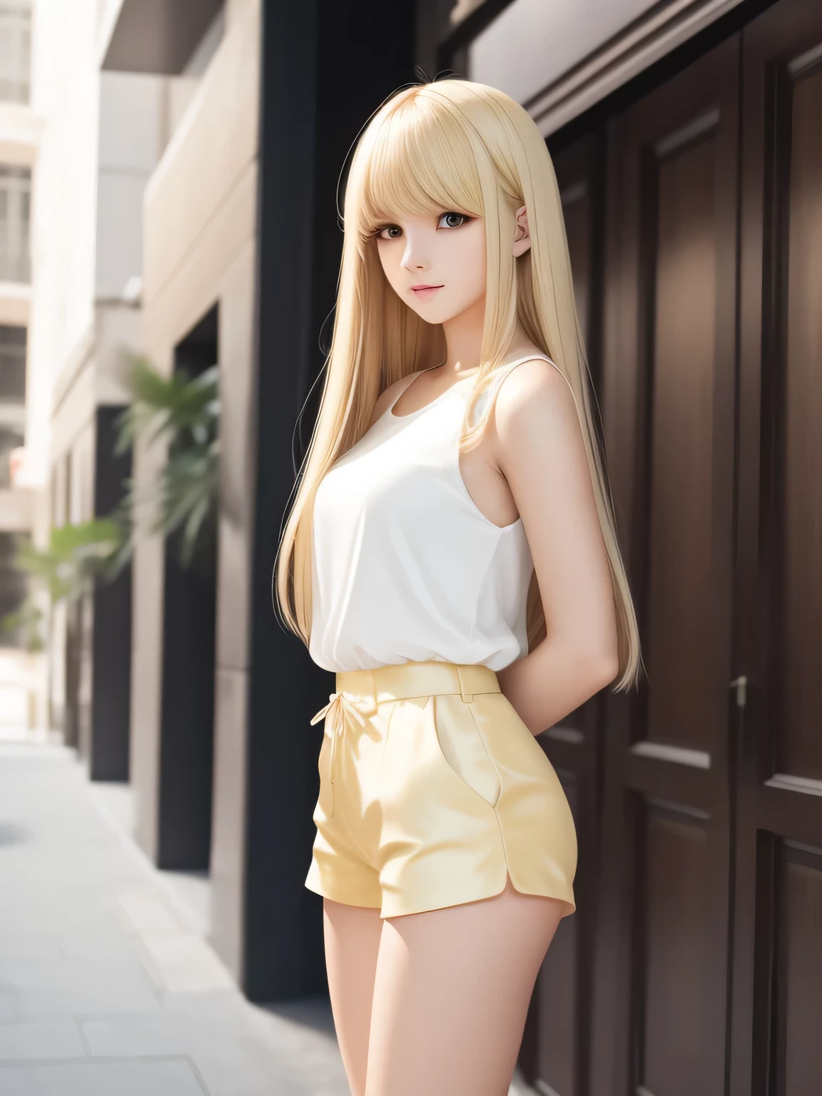 Full body image, beautiful silky skin,long bangs,beautiful face,blonde straight super long,cute beautiful girl, hotpants, cinematic