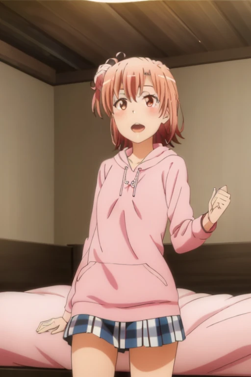 ((highest quality)), ((masterpiece)), (be familiar with), Perfect Face, indoor, Bedroom, Watching the audience,
One woman, Yuigahama Yui,
Open Mouth, Ecstatic expression, blush, smile,
Small breasts, Flat Chest, Young Girl, , , Girl,
Short Hair, Salmon-colored hair, Salmon-colored eyes, Side Pony,
Leg spread,
