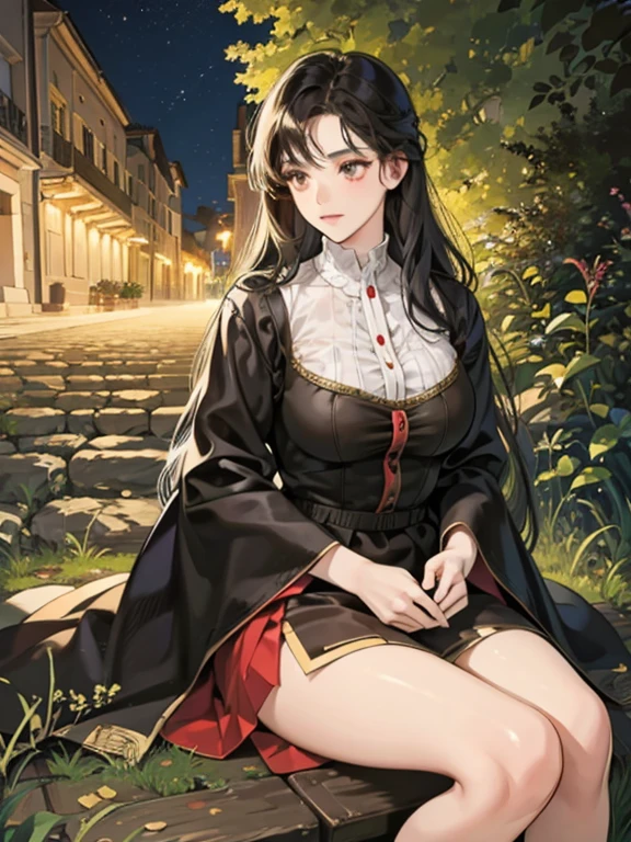 (masterpiece, The best quality at its best), 1 Giant breasts(Athens_Assam), Nice dress, Long black hair, Sit, Beautiful outdoor background, night, In the woods