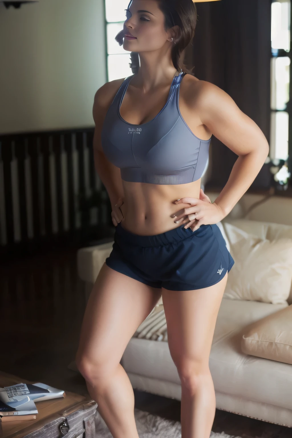 there is a woman standing in a living room, tight photo, sports bra and tight, very short dark blue shorts, sports bra and shorts, medium waist up, in shorts, working out, in good physical shape, mid-length cut, abdomen sweaty, physical: smallest midriff ever, wearing fitness equipment, mid-body shot, exposed thighs!!!. Beautiful woman, extremely sexy, very sensual. (ultra quality masterpiece) with toned body, 35 years old, 1.62 tall, 60 kg, best quality, perfect face, perfect mouth, perfect hands, (((dark brown hair))), (full body) Tight and very short dark blue shorts, gray top, dark brown hair. Tanned body, sexy pose, pink lipstick, shapely and defined legs, high contrast, Ultra HD, 16K.