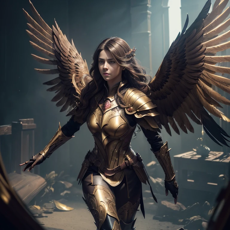 (master piece:1.5), (best quality:1.5), (exquisite lighting and shadow, highly dramatic picture, cinematic lens effect) (Photorealistic picture) (Card game image) 8k, wallpaper, dynamic pose, full body bird lady knight with brown long hair, wearing an intricate futuristic yellow armor with red ornaments, big eagle wings, ethereal lighting, sharp focus, highly detailed, realistic, cinematic lighting, studio quality