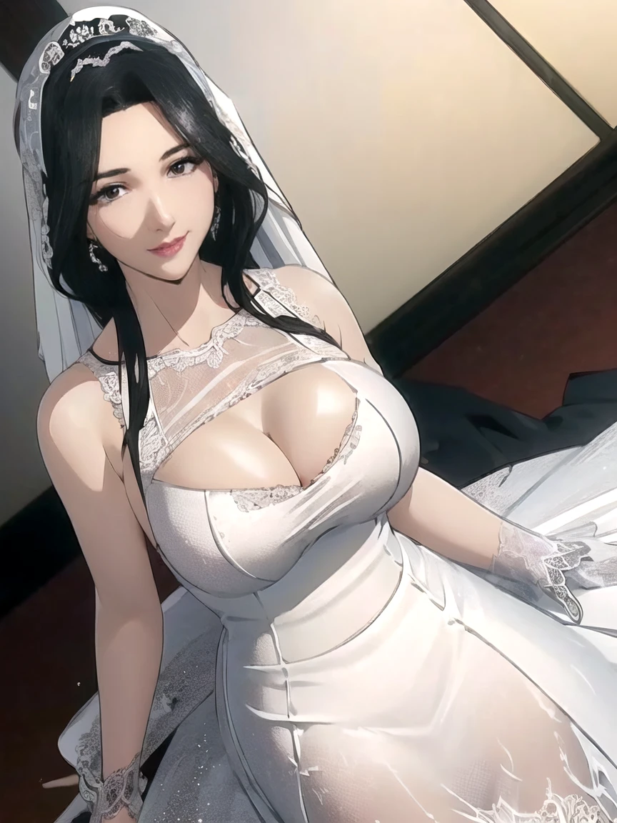 Miss((20 years old)), hair((Black)), Eye((smart Eye, Black)), clothing((White lace, 白色Wedding dress, Wedding dress)), hair bun, Headdress, veil, bouquet, huge , Large Breasts, Smile, Korean makeup, Heavy makeup, white church, Church Wedding,