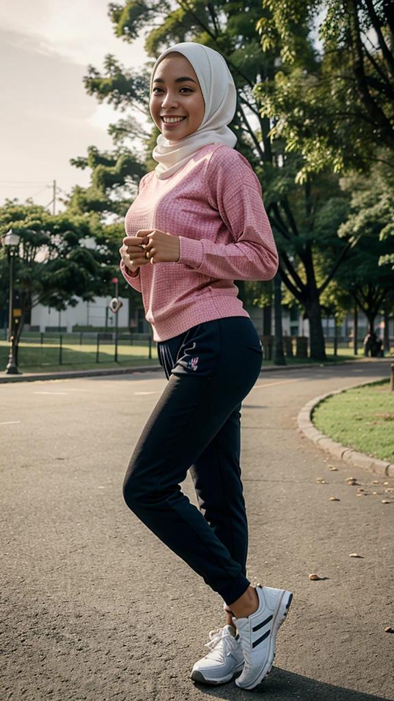 an Indonesian girl running, smiling, full body shot, hijab, sweater, jogger pants, running shoes, at a park