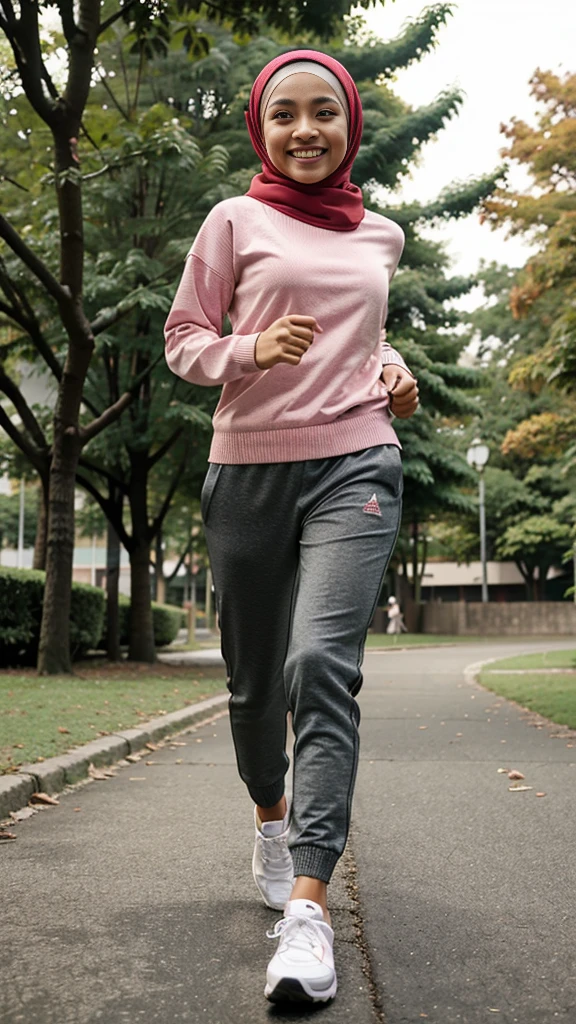 an Indonesian girl running, smiling, full body shot, hijab, sweater, jogger pants, running shoes, at a park