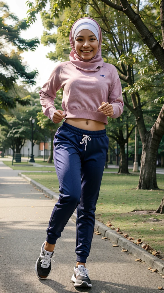 a Malay girl running, smiling, full body shot, hijab, sweater, jogger pants, running shoes, at a park