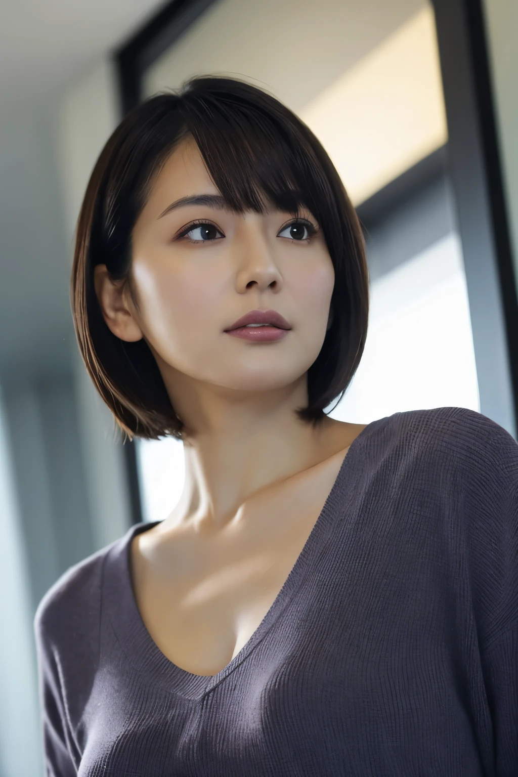 8k, highest quality, masterpiece, Realistic, Photorealistic, Very detailed, Natural light, Shapely breasts, I can see her cleavage, 1 Japanese female, Age 35, Black Hair, short hair, Straight Hair, (Look up at the viewer from below), Light purple knit V-neck shirt, Very detailedな顔と肌, Very detailedな目, Very detailedな顔と肌