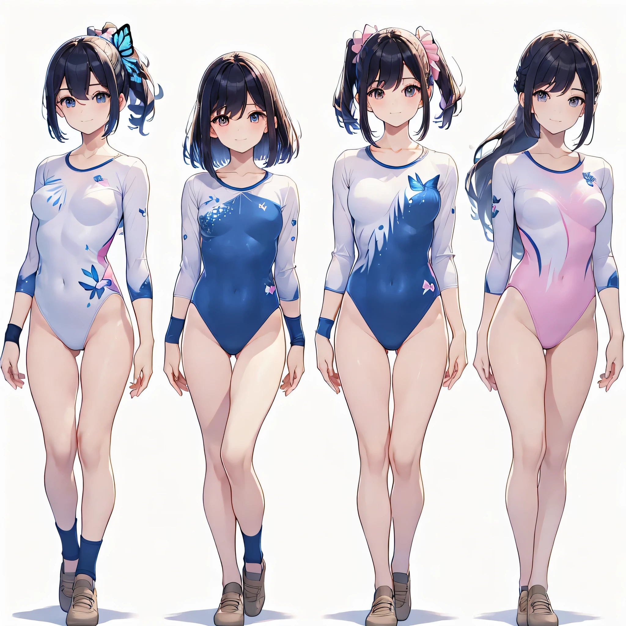 ((full body)),(masterpiece, best quality), (2 girls1.5) ,((Contrapposto:1.5)), looking at viewer, walking,((v_arms:1.2)),(Gymnastics club), (wearing gymnastics_longsleeves_leotard_outfit leotard:1.3),(simple leotard:1.3),(blue and pink leotard:1.3) ,((Butterfly print leotard:1.2)), ballet shoes, , BREAK masterpiece black hair, ((long hair:1.2)), ((parted bangs:1.3)), black eyes, good hand, ((small breasts)), (over 20 years old, under 25 years old:1.2), , spotlight, happy, smile, BREAK white backgro