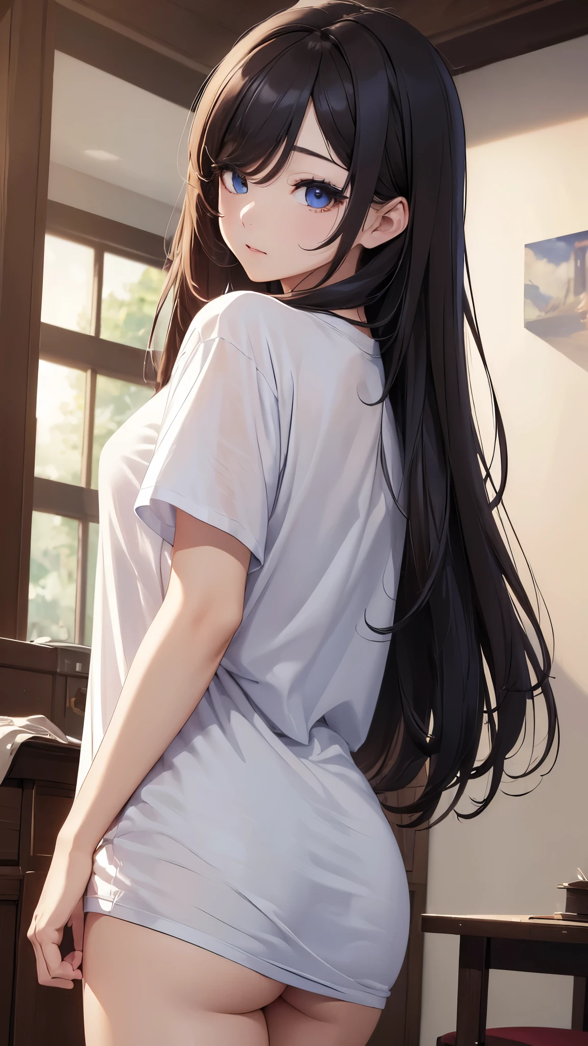 (((masterpiece))),(((High resolution)))、(((8K quality)))、(((perfect face)))、(((Korean idol))), ((oversized T-shirt)), panty, look at the camera, ((top quality eyes)), detailed texture, back, ass