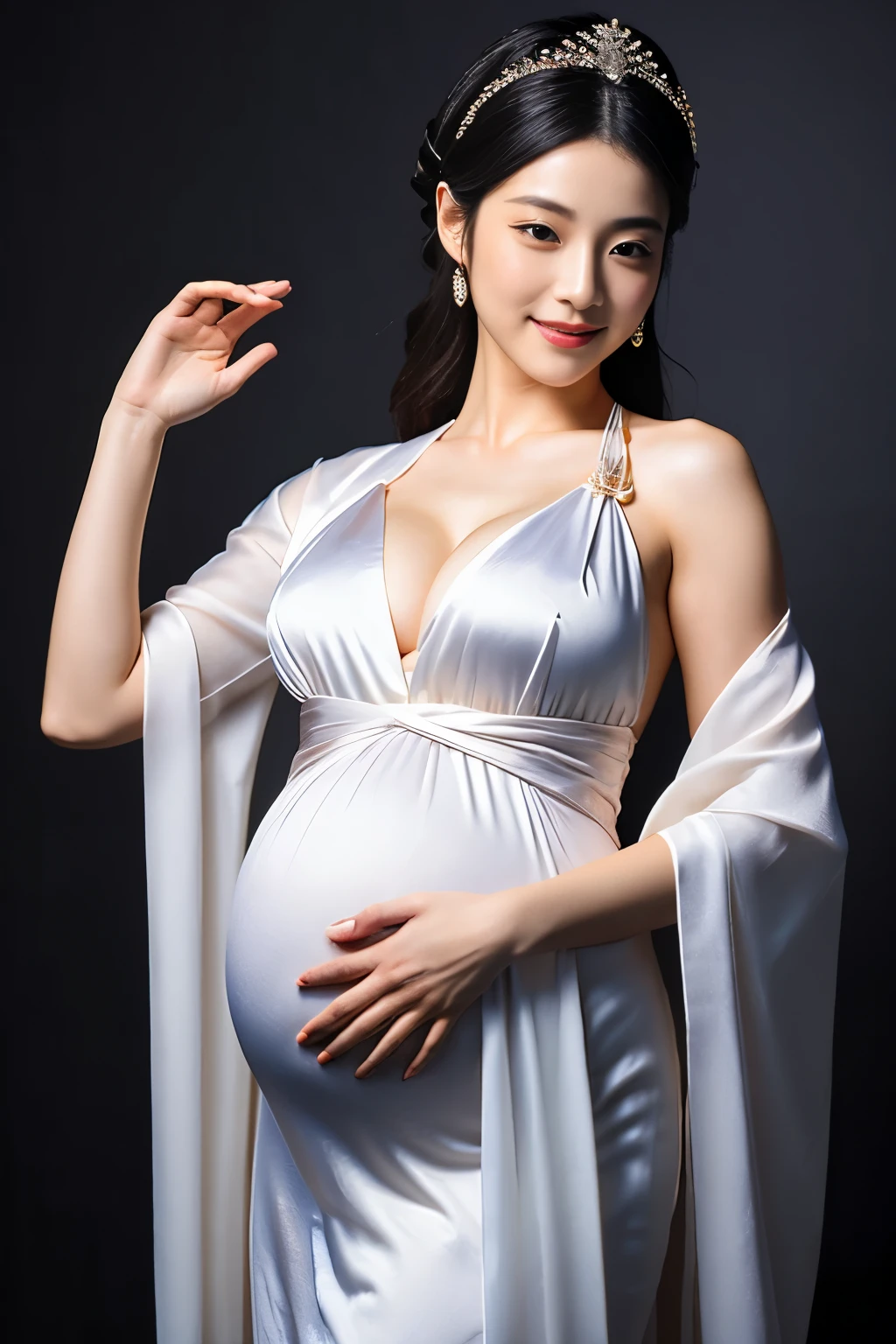 ancient chinese costume:1.8,Dark studio:1.6. Shortcuts)、Pregnant woman dancing、Wearing a silk cloth on her chest、Flowing Dress、The goddess、highest quality、pose for a photo、have large breastsアラフィフのアジア人女性, Photorealistic perfect body, Ultra-realistic painting, Features of a smooth body, have large breasts, Pregnant belly, Japanese model, Translucent body, have large breasts, Surreal painting, Japanese, Smooth, transparent white skin, Highly realistic photos, A seductive body with a sexy belly, Surrealistic full-body portrait, Ultra-realistic and realistic
