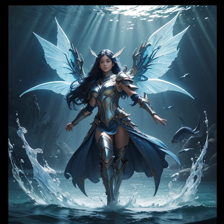 (master piece:1.5), (best quality:1.5), (exquisite lighting and shadow, highly dramatic picture, cinematic lens effect) (Photorealistic picture) (Card game image) 8k, wallpaper, dynamic pose, full body fish lady knight with blue long hair, wearing an intricate futuristic light blue armor with white ornaments, big fish wings, on the ocean, under water, ethereal lighting, sharp focus, highly detailed, realistic, cinematic lighting, studio quality
