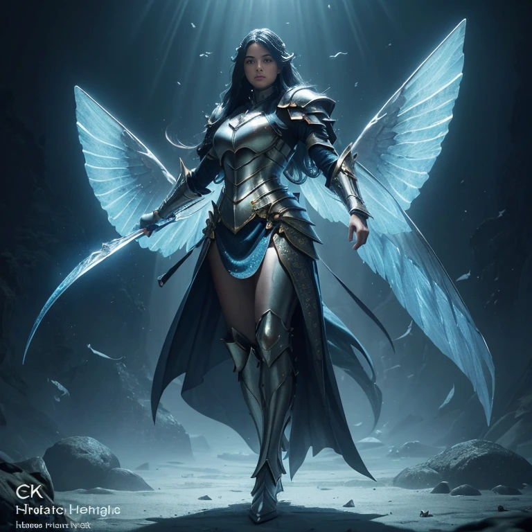 (master piece:1.5), (best quality:1.5), (exquisite lighting and shadow, highly dramatic picture, cinematic lens effect) (Photorealistic picture) (Card game image) 8k, wallpaper, dynamic pose, full body fish lady knight with blue long hair, wearing an intricate futuristic light blue armor with white ornaments, big fish wings, on the ocean, under water, ethereal lighting, sharp focus, highly detailed, realistic, cinematic lighting, studio quality
