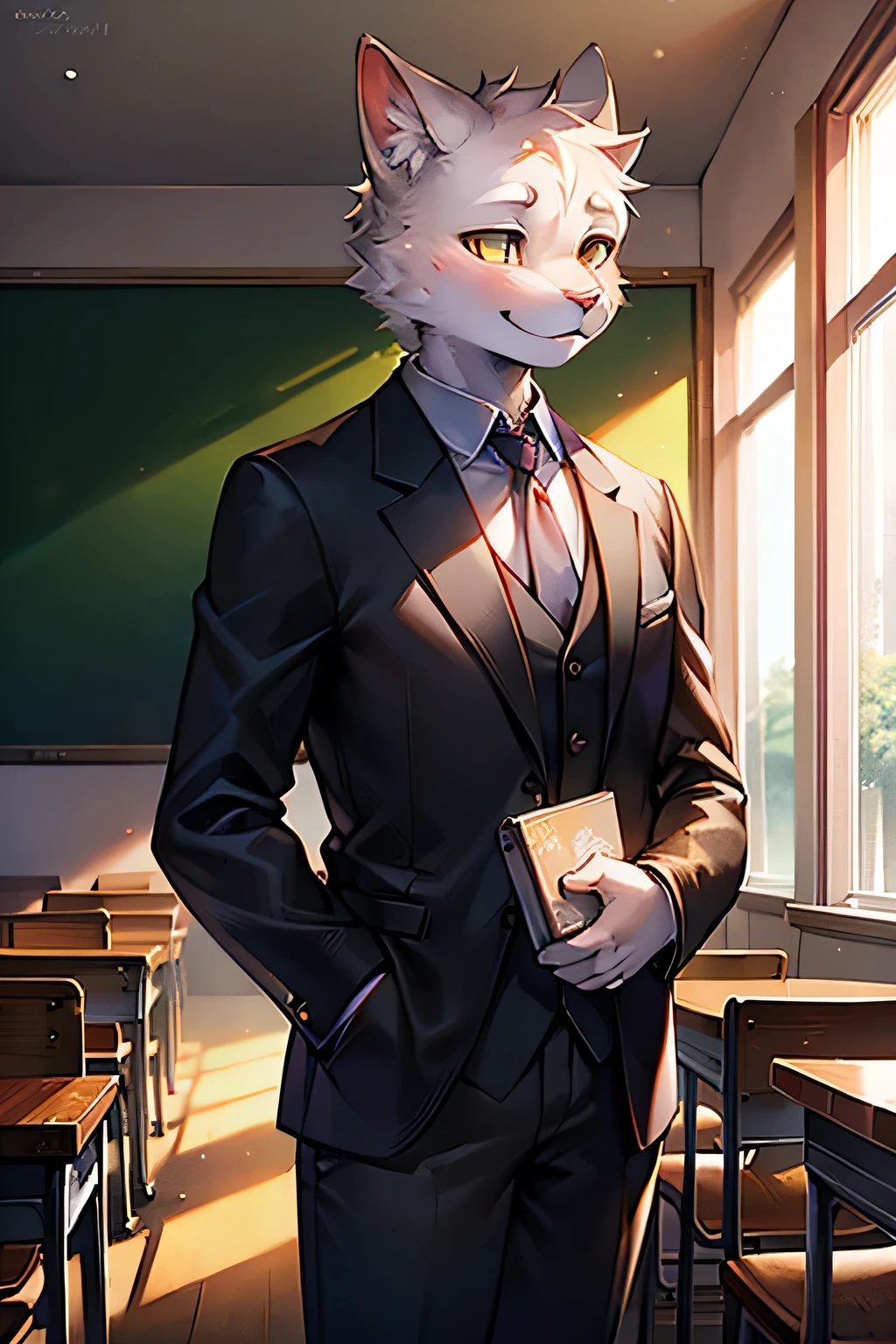 A white cat wearing a suit with a sunny smile, one hand casually tucked into the pocket, while holding a mathematics textbook in the other hand. The cat's eyes are clear and bright, and its nose and lips are beautifully detailed. The cat's face and limbs are extremely detailed, showing anatomically correct features. The cat is standing with a confident and friendly posture. The background is a classroom with a blackboard, desks, and students. The cat is the math teacher, explaining complex equations and engaging with the students. The artwork is created using a combination of illustration and digital rendering techniques, resulting in a high-quality, detailed, and realistic image. The color palette consists of vibrant and vivid colors, enhancing the overall aesthetic of the artwork. The lighting is soft and evenly distributed, illuminating the scene with a warm and welcoming atmosphere.