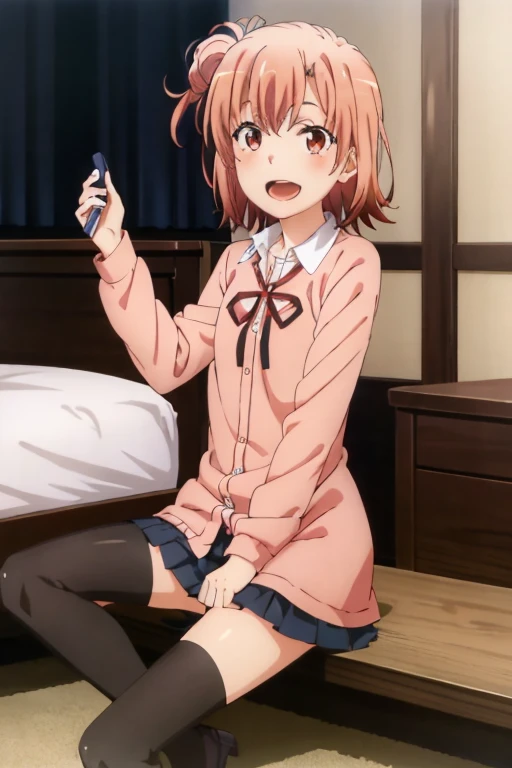 ((highest quality)), ((masterpiece)), (be familiar with), Perfect Face, indoor, Bedroom, Watching the audience,
One woman, Yuigahama Yui,
Open Mouth, Ecstatic expression, blush, smile,
Small breasts, Flat Chest, Young Girl, , , Girl,
Short Hair, Salmon-colored hair, Salmon-colored eyes, Side Pony,
Leg spread,