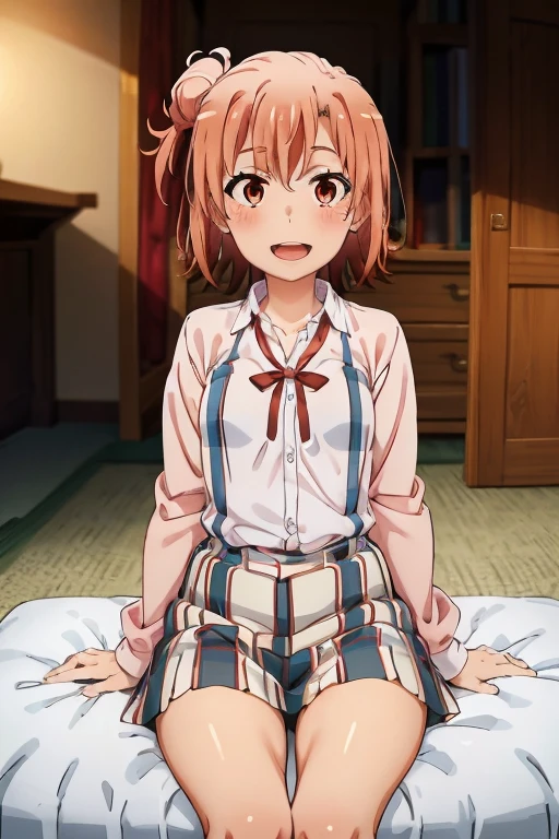 ((highest quality)), ((masterpiece)), (be familiar with), Perfect Face, indoor, Bedroom, Watching the audience,
One woman, Yuigahama Yui,
Open Mouth, Ecstatic expression, blush, smile,
Small breasts, Flat Chest, Young Girl, , , Girl,
Short Hair, Salmon-colored hair, Salmon-colored eyes, Side Pony,
Leg spread,