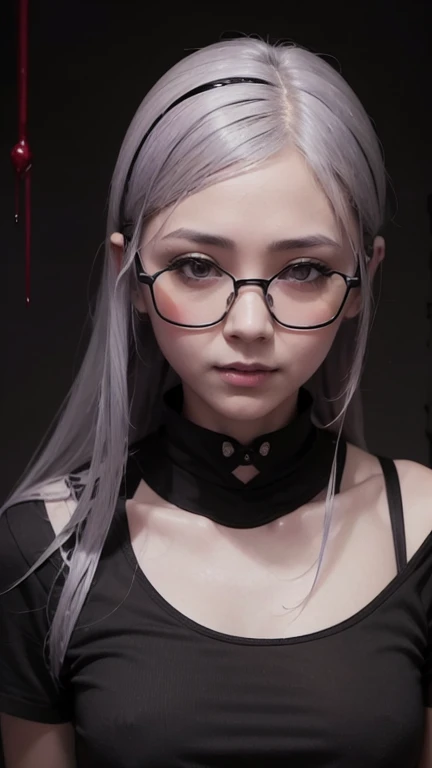 Scientist woman, Glasses covering the eyes, Bloody, strict, Black background, Impressive lighting, Blood, Horror, Broken glasses, Dull grey-purple hair, bust, white, Opaque glasses, Background figure
