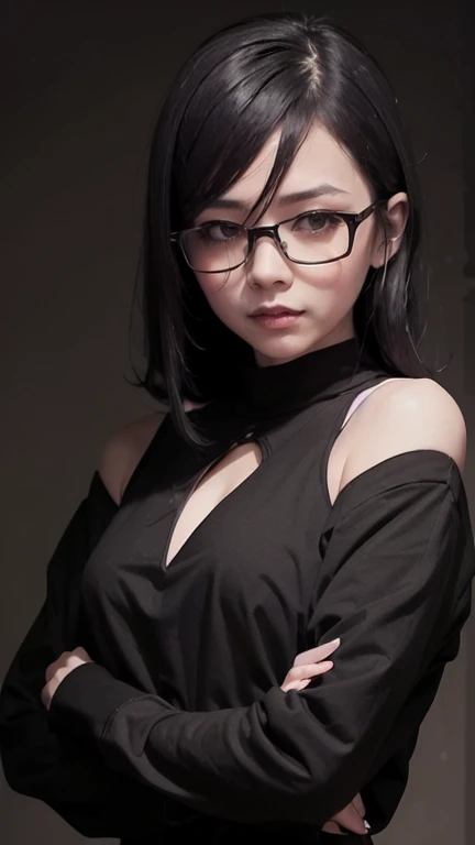 Scientist woman, Glasses covering the eyes, Bloody, strict, Black background, Impressive lighting, Blood, Horror, Broken glasses, Dull grey-purple hair, bust, white, Opaque glasses, Background figure