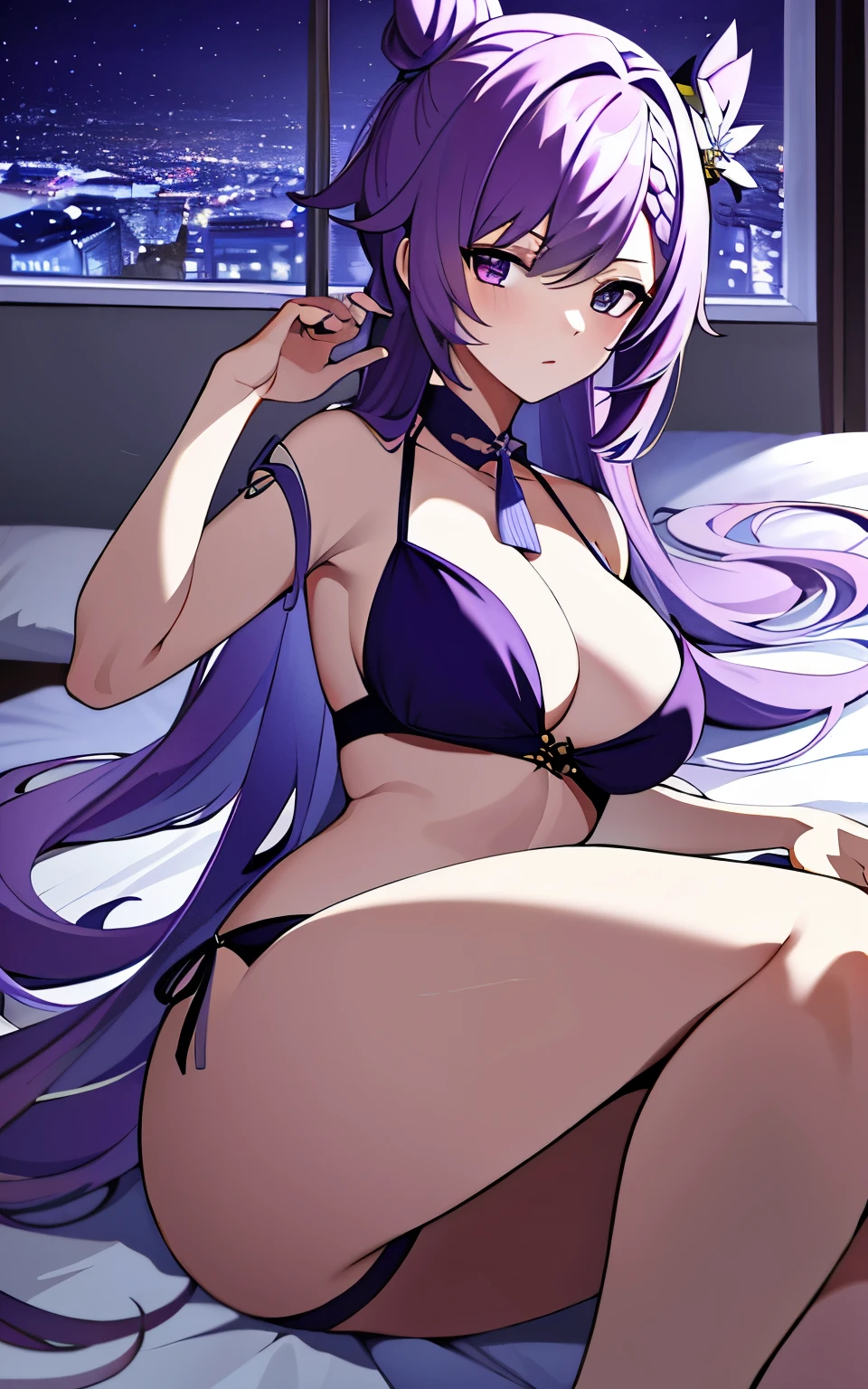 ((masterpiece:1.4, best quality)), purple hair, night,bedroom, laying on bed, 1girl, keqing \(genshin impact\), bikini,