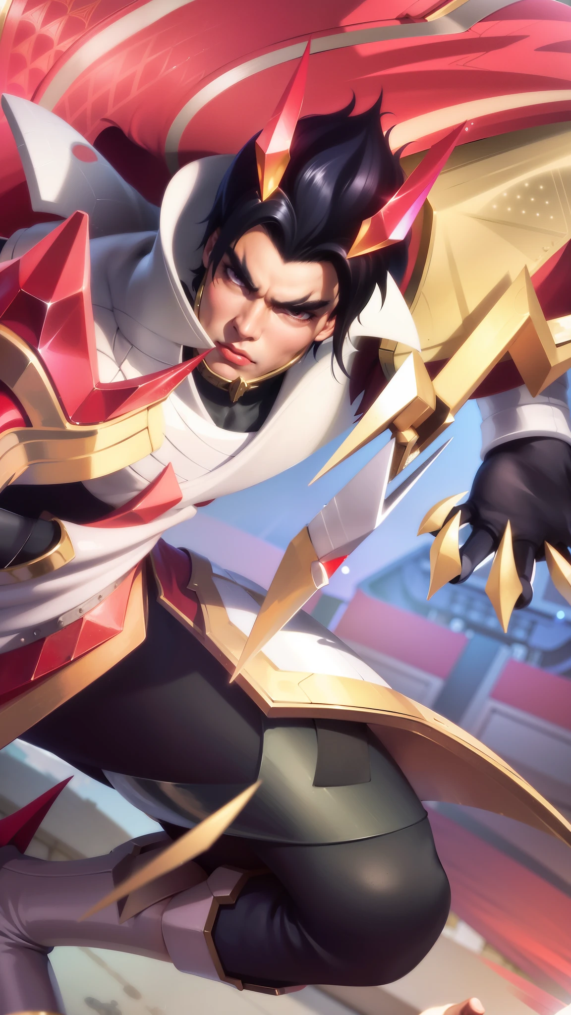 a close up of a guy with a sword and a red cape, son of sparda, handsome guy in demon slayer art, Best quality, masterpiece, detailed skin texture, detailed clothes texture, detailed face, super detail, 8k, intricate detail, The color doesn't change, Muscle guy, 1 guy, red eyes.