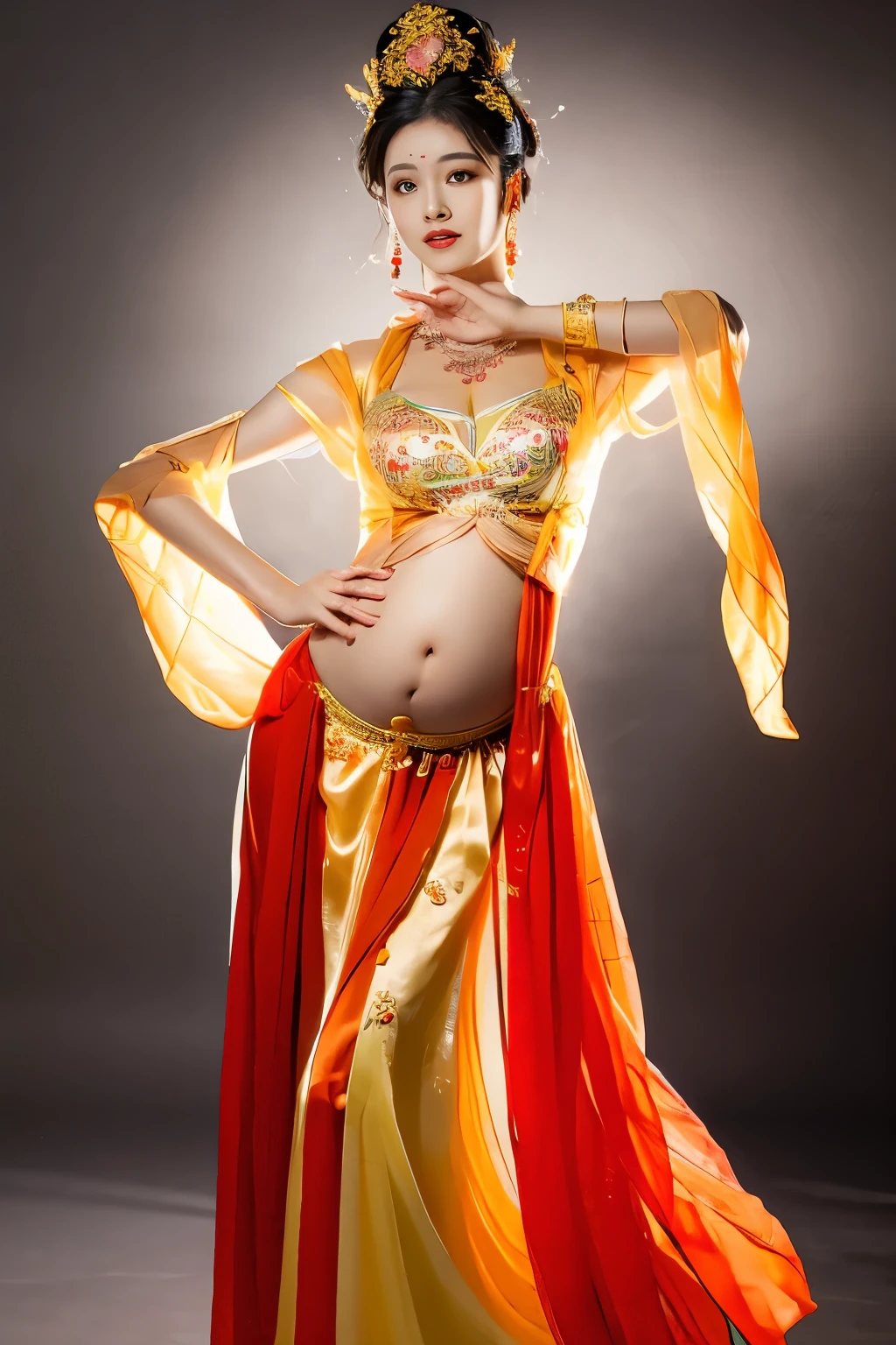 ancient chinese costume:1.8,Dark studio:1.6. Shortcuts)、Pregnant woman dancing、Wearing a silk cloth on her chest、Flowing Dress、The goddess、highest quality、pose for a photo、have large breastsアラフィフのアジア人女性, Photorealistic perfect body, Ultra-realistic painting, Features of a smooth body, have large breasts, Pregnant belly, Japanese model, Translucent body, have large breasts, Surreal painting, Japanese, Smooth, transparent white skin, Highly realistic photos, A seductive body with a sexy belly, Surrealistic full-body portrait, Ultra-realistic and realistic