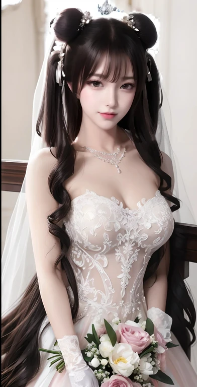 Close-up of a beautiful bride in a beautiful wedding dress, Gurwitz,(Pillory:1.5), (flail:1.2), flail on the head, flail on the hands,whole body照片, whole body, (Wedding Veil: 1.5), (Transparent short veil: 1.5), Blushed, Flower head, Headdress, Very exquisite princess wedding dress,(Tube Wedding Dress: 1.5), (Silk dress: 1.2 ), (Strapless Wedding Dress: 1.5), (and floor-length skirts:1.2), Pure white dress,White long skirt, necklace, earrings, (Huge breasts: 1.3), (Mature female , Large Breasts,Sagging breasts、Cleavage, cleveage、Thick thighs, Wide hips, Curvy beauty, Perfect body,)Deep V-neck wedding dress, Bangs, Lipstick, (Lace gloves: 1.3), High detail RAW color art,