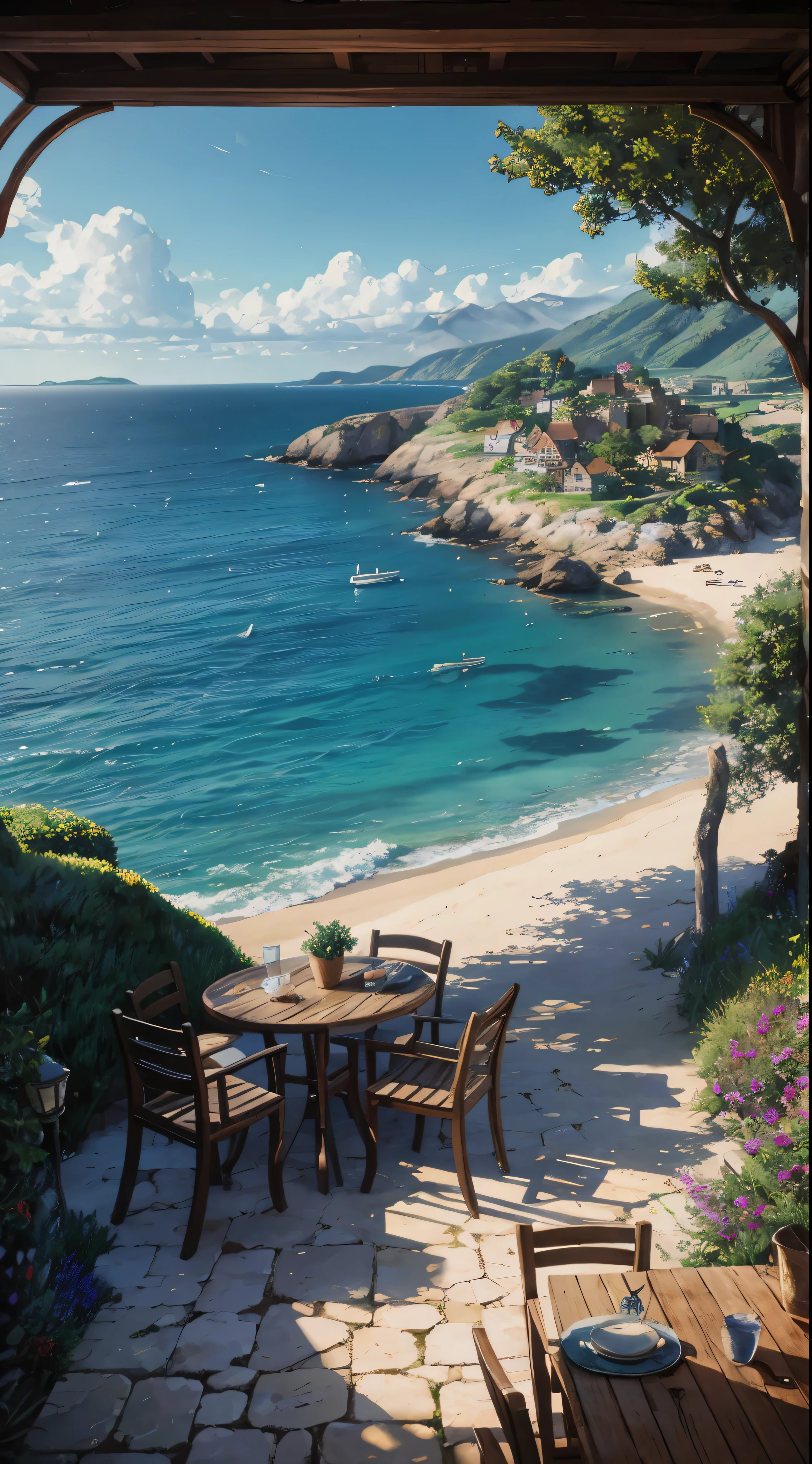 painting of a house on the shore with a table and chairs, idyllic cottage, mediterranean vista, overlooking the ocean, scenery art detailed, detailed painting 4 k, near the sea, beautiful detailed scene, scenery artwork, detailed scenery —rario 9:16, detailed scenic view, high detailed painting, detailed scenery, breathtaking detailed, 4k detailed art, overlooking the beach