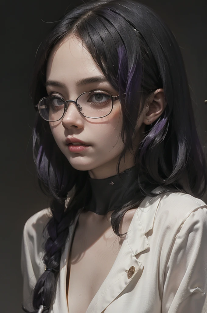 Scientist woman, Glasses covering the eyes, Bloody, strict, Black background, Impressive lighting, Blood, Horror, Broken glasses, Dull grey-purple hair, bust, white, Opaque glasses, Background figure
