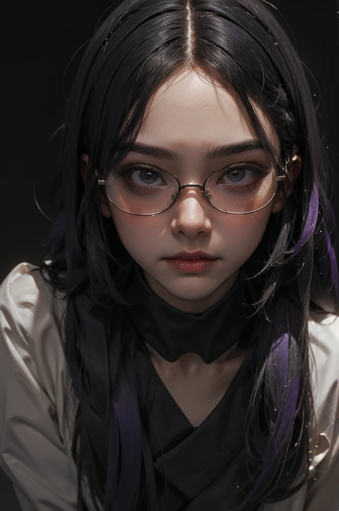 Scientist woman, Glasses covering the eyes, Bloody, strict, Black background, Impressive lighting, Blood, Horror, Broken glasses, Dull grey-purple hair, bust, white, Opaque glasses, Background figure