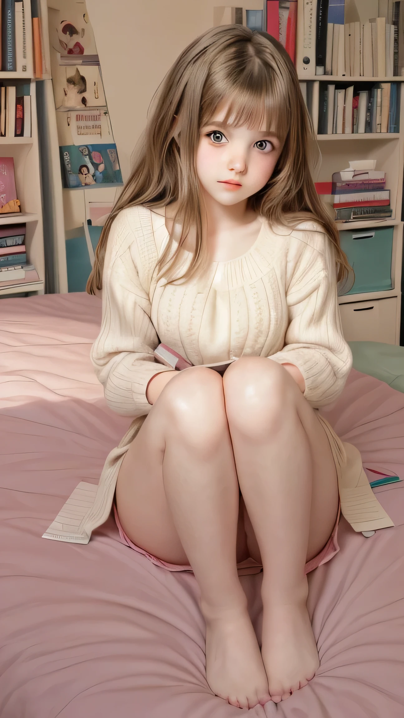 girl laying on bed with books and bookshelves in background,, cute girl, young girl, visual of a cute girl, sitting on a bed, girl, beautiful girl, an girl, sitting on the bed, sitting on her bed, pixiv, top rated on pixiv, digital art on pixiv