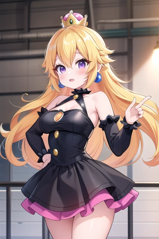 Une femme, 25 ans, mangas, cheveux longs, cheveux multicolores, details, cosplay princess peach, super mario, in a hangar, tattoo, black leather dress, black make up, grunge