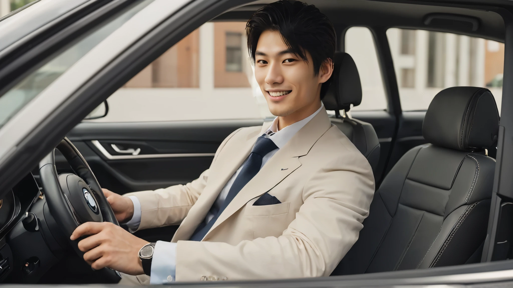 A young and handsome Japanese man aged 20 years old and 182 cm tall。wearing a suit. White shirt、Japanese man wearing tie，)、with a smile on face..手放在Direction plate上.Sitting in the driver&#39;s seat of BMW840I.Eyes looking in the direction of the audience.maintain eye contact，((driver seat.Direction plate.Dashboard.The details of the scenery outside the window are very clear)) young man with short hair.best picture quality、masterpiece、Ultra-high resolution、(Photo realism：1.4)、bust image. 8K、Super sharp、Light is real .Ultra high quality、tall gentleman、very beautiful hair、Bright photos .Handsome as a model、Handsome as an idol、Professional avatar、Professional portrait photos、Realistic portrait photos、Detailed color portrait、Idol portrait、High-quality half-length portrait photos