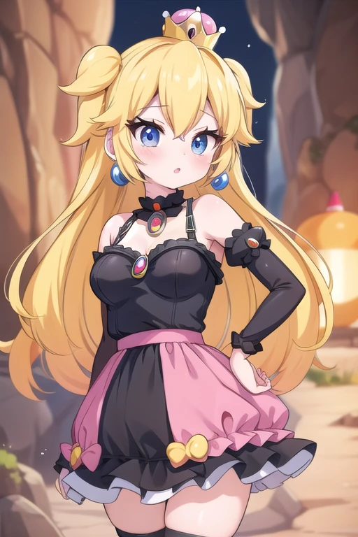 Une femme, 25 ans, mangas, cheveux longs, cheveux multicolores, details, cosplay princess peach, super mario, in cave, tattoo, black make up, grunge, bondage, chains