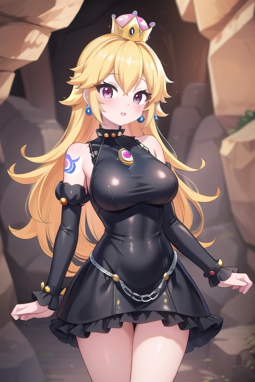 Une femme, 25 ans, mangas, cheveux longs, cheveux multicolores, details, cosplay princess peach, super mario, in cave, tattoo, black leather dress, black make up, grunge