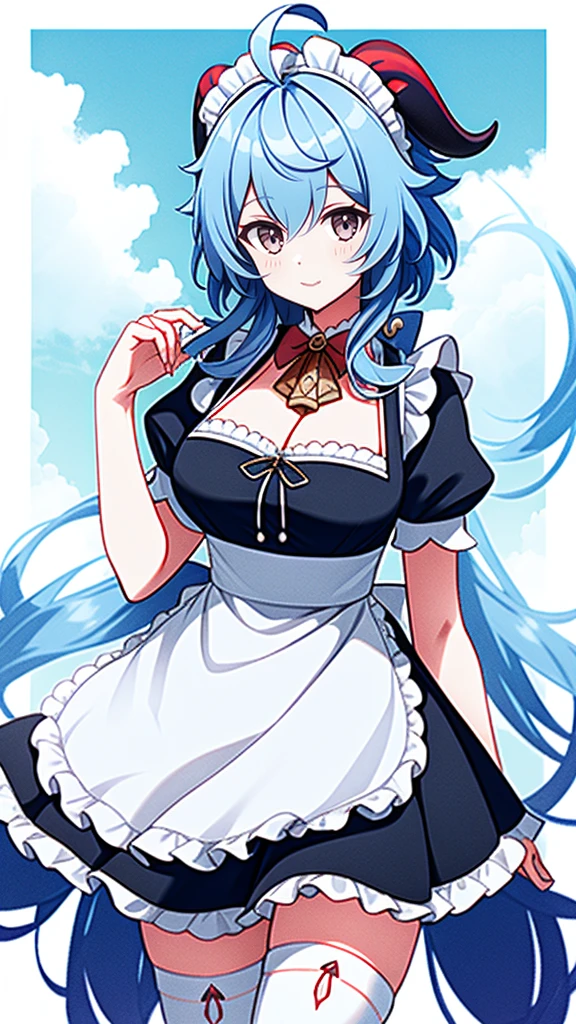 1 girl, solo, Ganyu (Genshin), breasts, horns, maid, long hair, thigh-high socks, blue hair, ahoge, looking at viewer, white stockings, holding, blush, maid headdress, apron, alternative costume, frills, cleavage, enmaid, bangs, dress, short sleeves, absolute area, black dress, purple eyes, medium breasts, goat horns, frilly dress, very long hair, standing Puffy sleeves, closed mouth, maid apron, side locks, white apron, cowboy shot, puffy short sleeves, red eyes, frilly apron, hair between the eyes, (colorful cloud background blur)1.2, fluffy, soft , ((highest quality)), ( Extremely detailed, Best details, Official Art, Beauty and aesthetics: 1.2), Depth of written border, composition, 