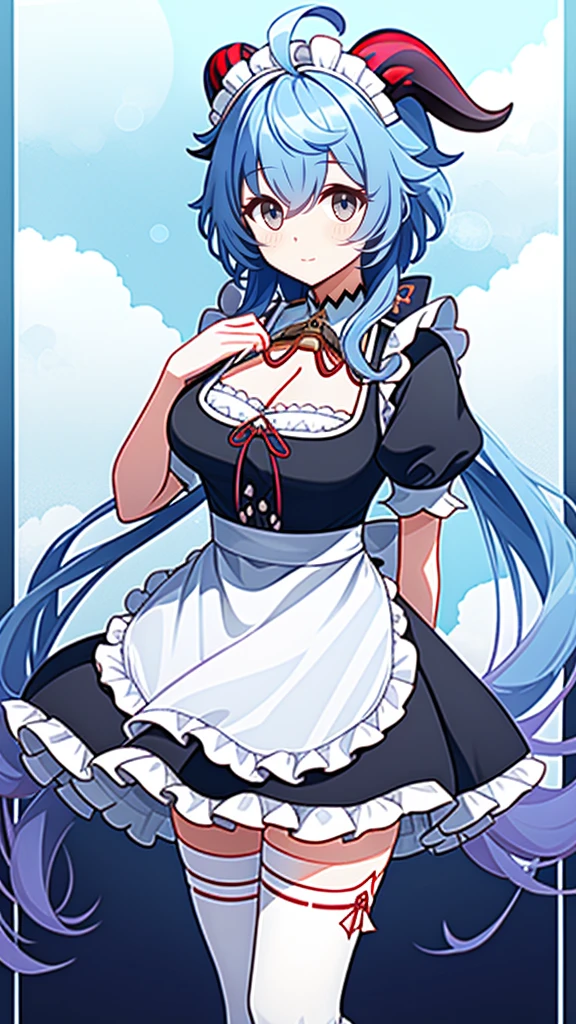 1 girl, solo, Ganyu (Genshin), breasts, horns, maid, long hair, thigh-high socks, blue hair, ahoge, looking at viewer, white stockings, holding, blush, maid headdress, apron, alternative costume, frills, cleavage, enmaid, bangs, dress, short sleeves, absolute area, black dress, purple eyes, medium breasts, goat horns, frilly dress, very long hair, standing Puffy sleeves, closed mouth, maid apron, side locks, white apron, cowboy shot, puffy short sleeves, red eyes, frilly apron, hair between the eyes, (colorful cloud background blur)1.2, fluffy, soft , ((highest quality)), ( Extremely detailed, Best details, Official Art, Beauty and aesthetics: 1.2), Depth of written border, composition,